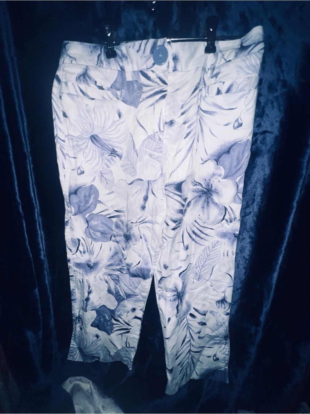 Larry Levine White and Blue Floral Cropped Pants